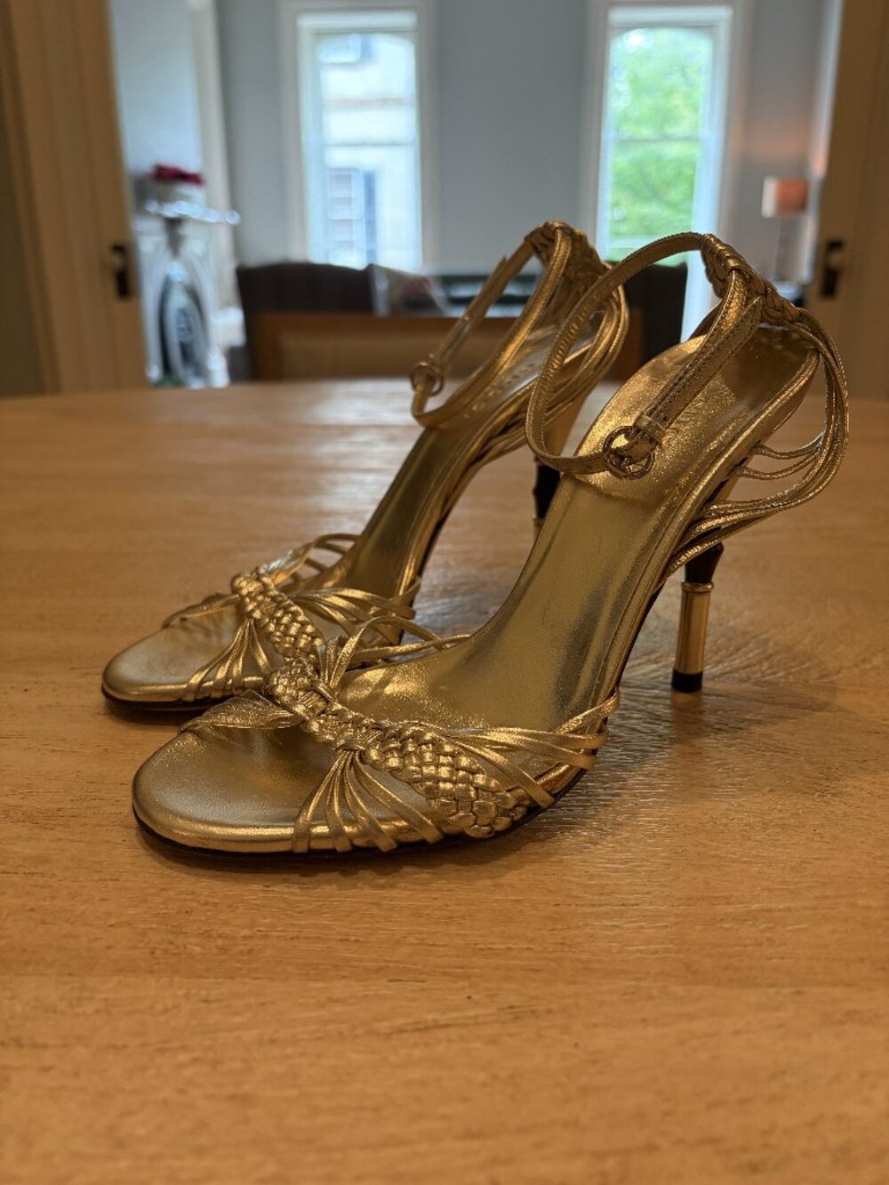 Gucci Braided Platino Metalic Gold Leather Sandals